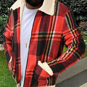 Red Casual Mens Plaid Print Borg Collar Teddy Lined Overcoat